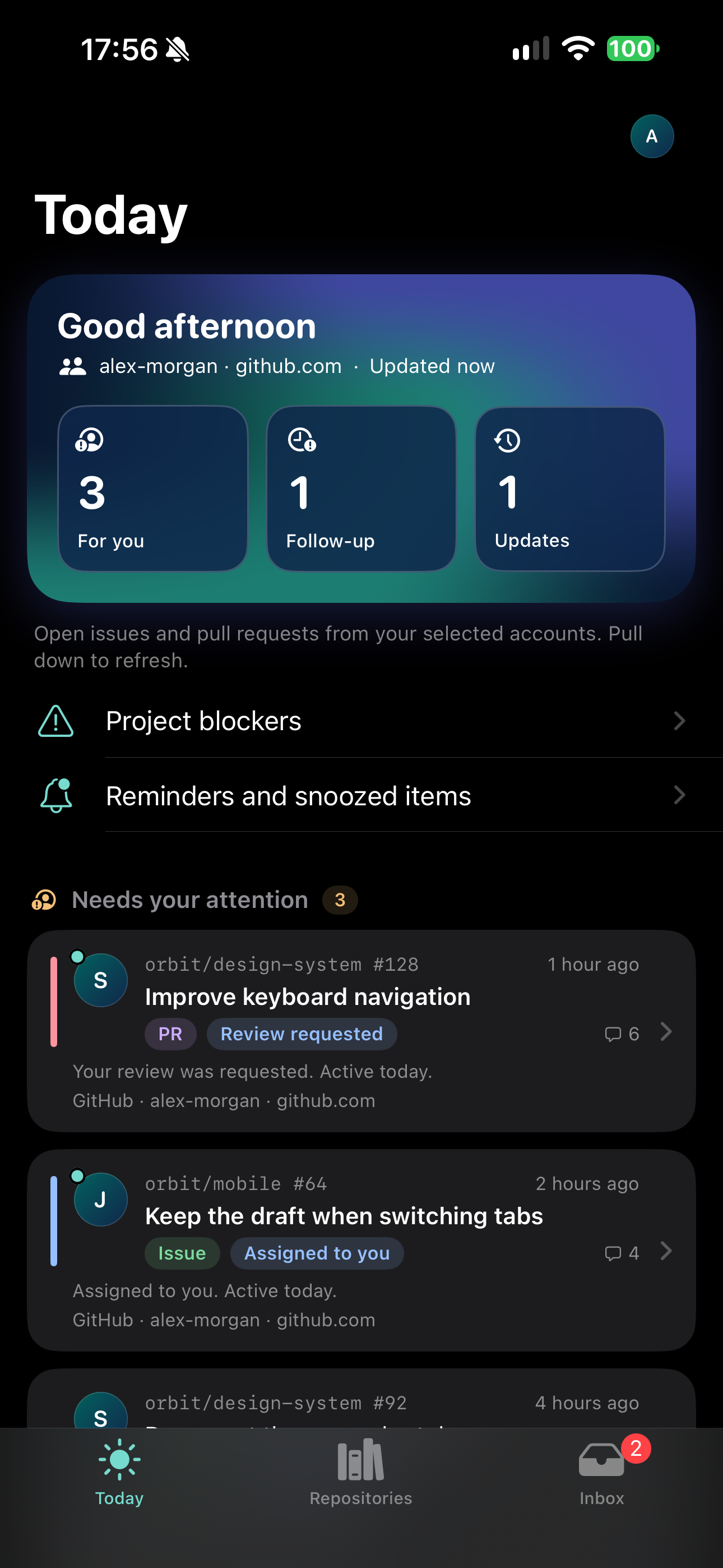 Gitdeck Today screen on iPhone with fictional data