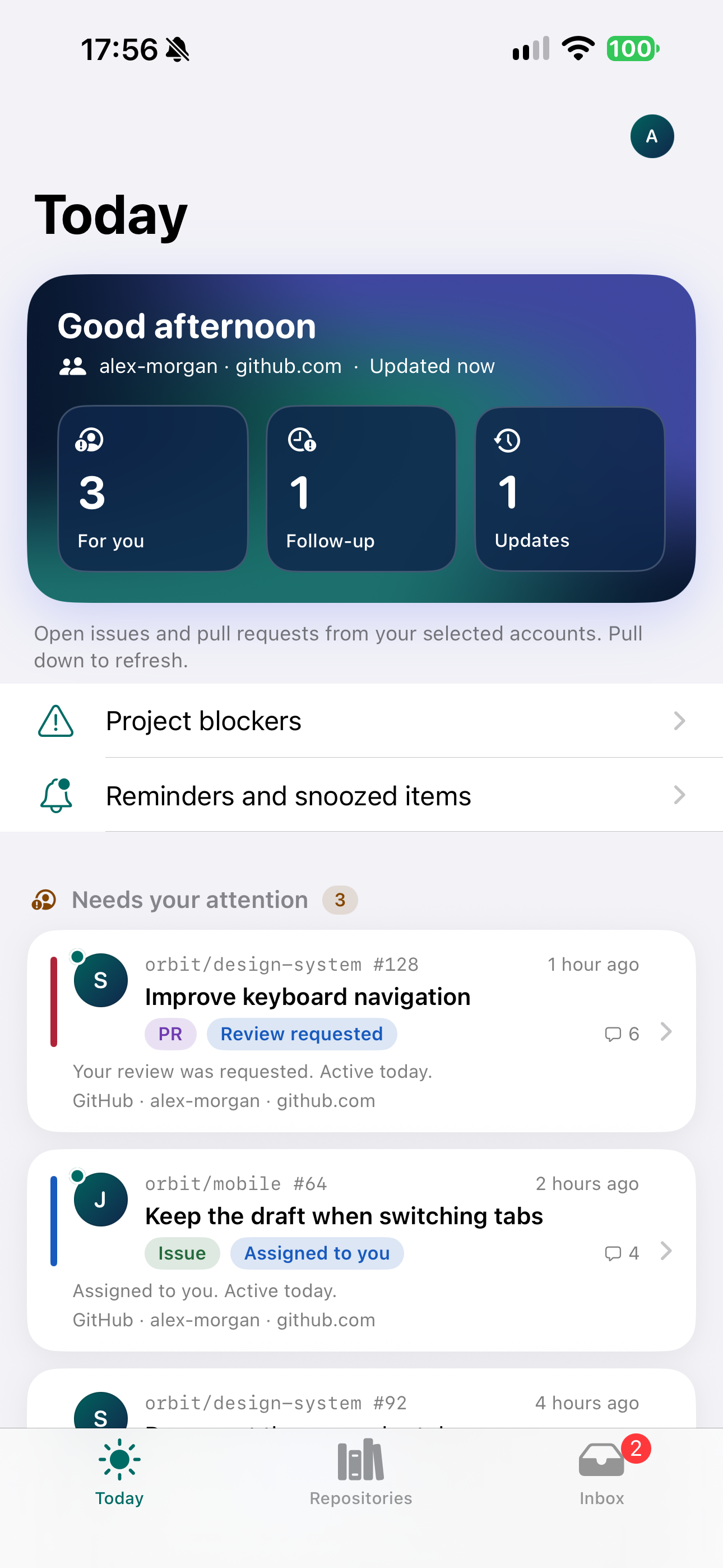 Gitdeck Today screen on iPhone with fictional data