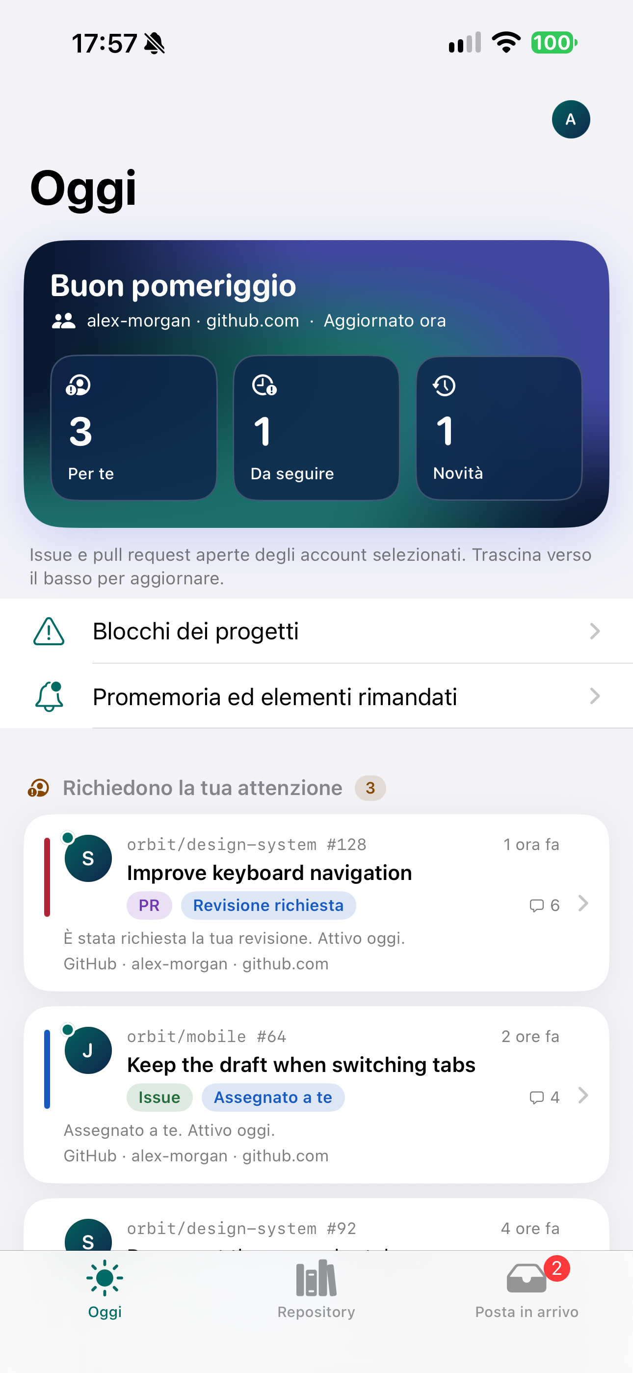Schermata Oggi di Gitdeck su iPhone con dati fittizi