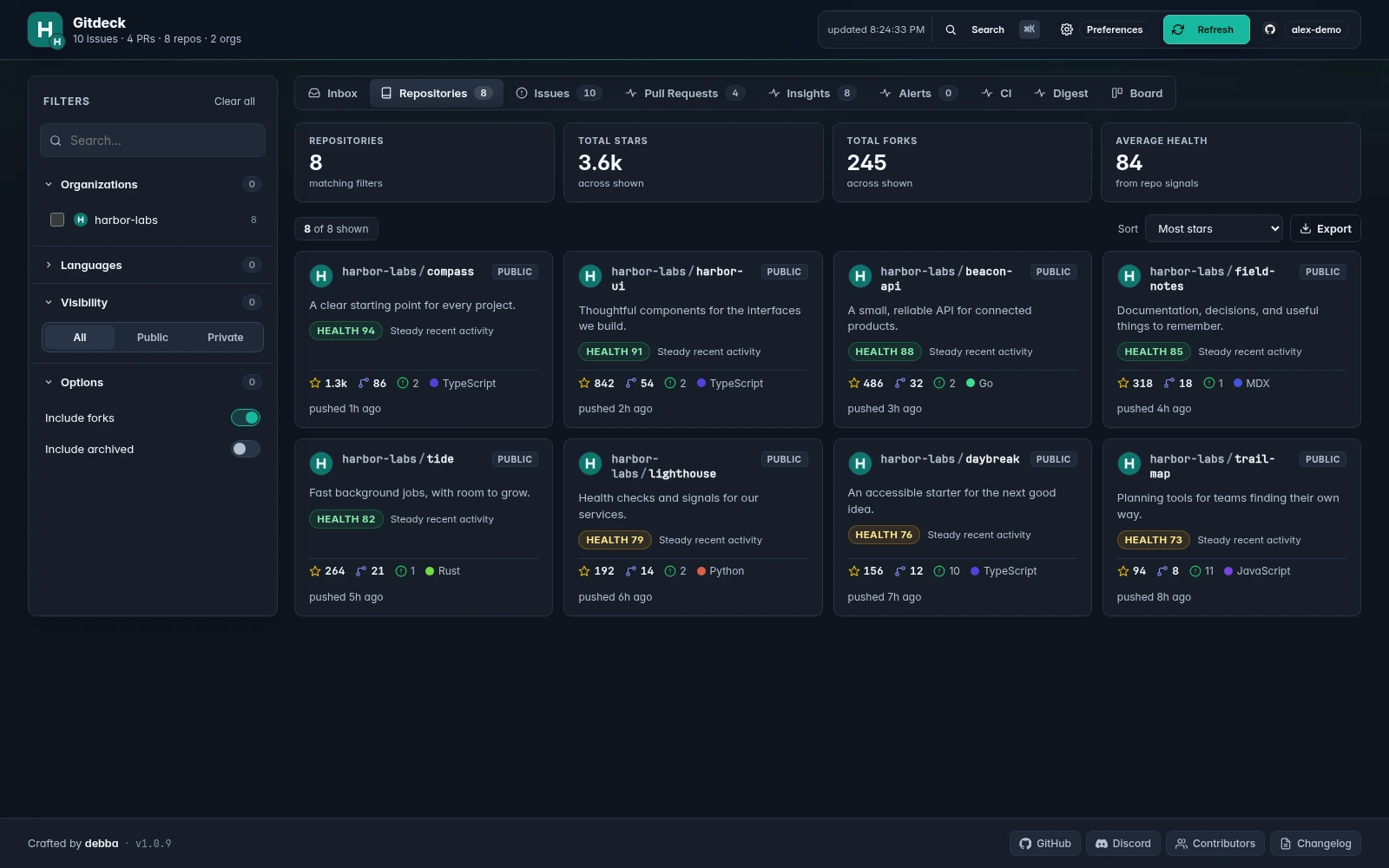 Gitdeck web dashboard: Repositories, with demo projects and accounts