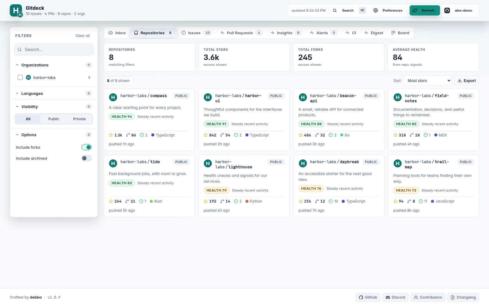 Gitdeck web dashboard: Repositories, with demo projects and accounts